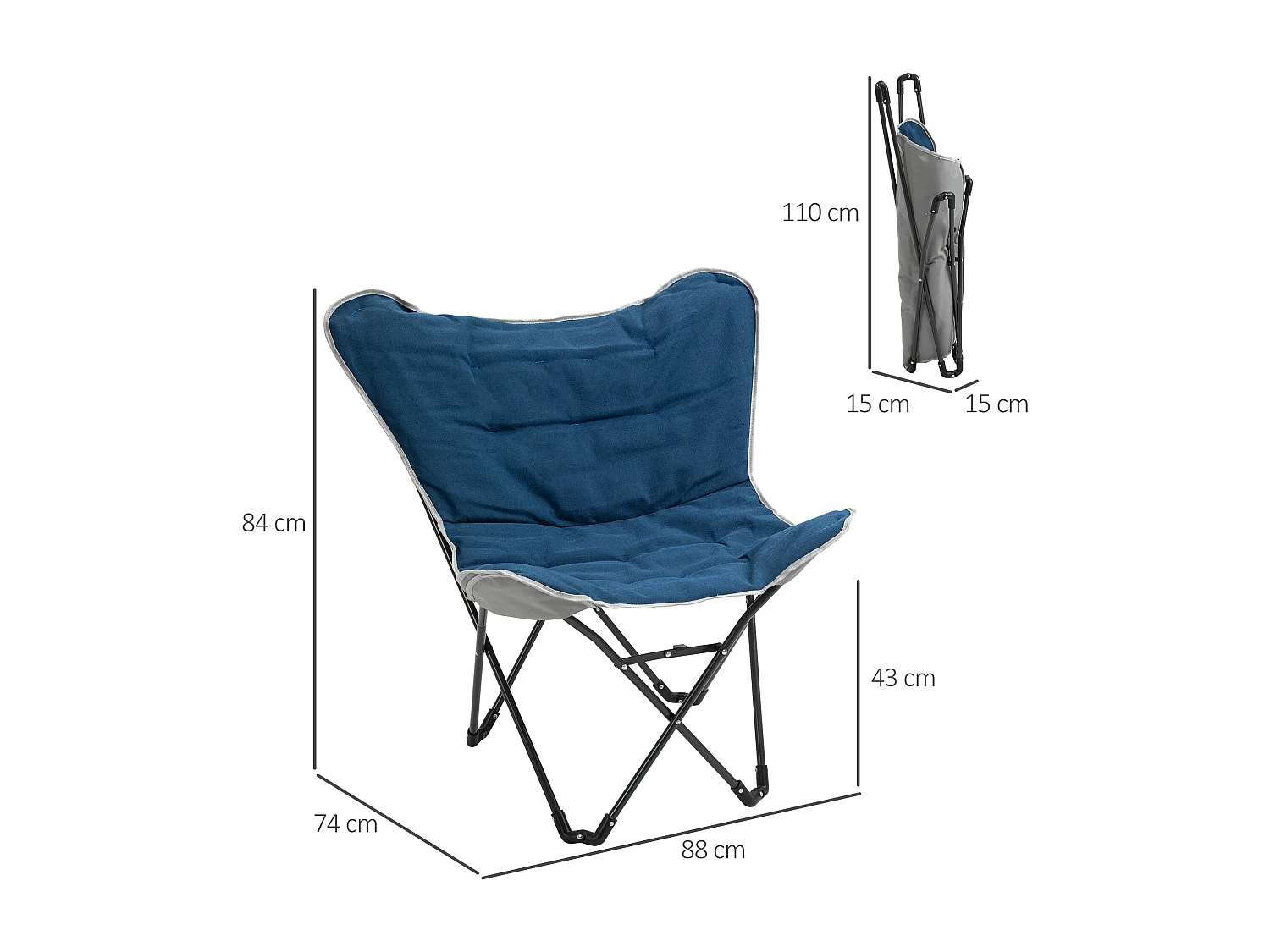 Opvouwbare kampeerstoel met armleuningen, polyester, blauw, lichtgewicht en robuust (88x74x84cm)