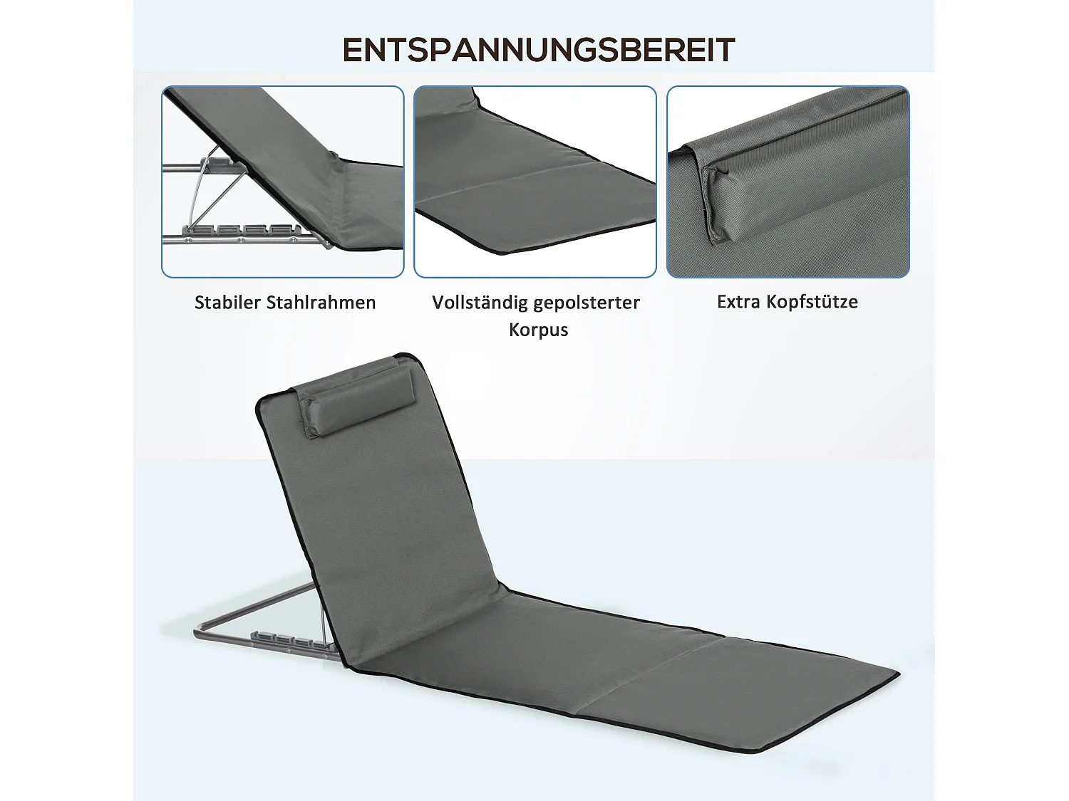 Set van 2 opvouwbare strandstoelen, met verstelbare rugleuning, Oxford stof, grijs (124x53x35-45 cm)