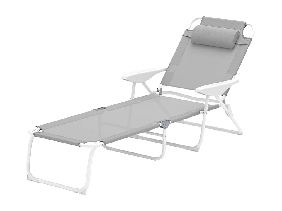 Chaise longue pliable avec coussin, 4 positions réglables, cadre métallique, tissu résistant aux intempéries, gris clair (160x66x98 cm)