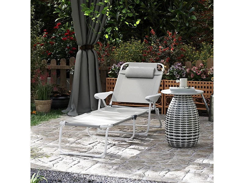 Chaise longue pliable avec coussin, 4 positions réglables, cadre métallique, tissu résistant aux intempéries, gris clair (160x66x98 cm)