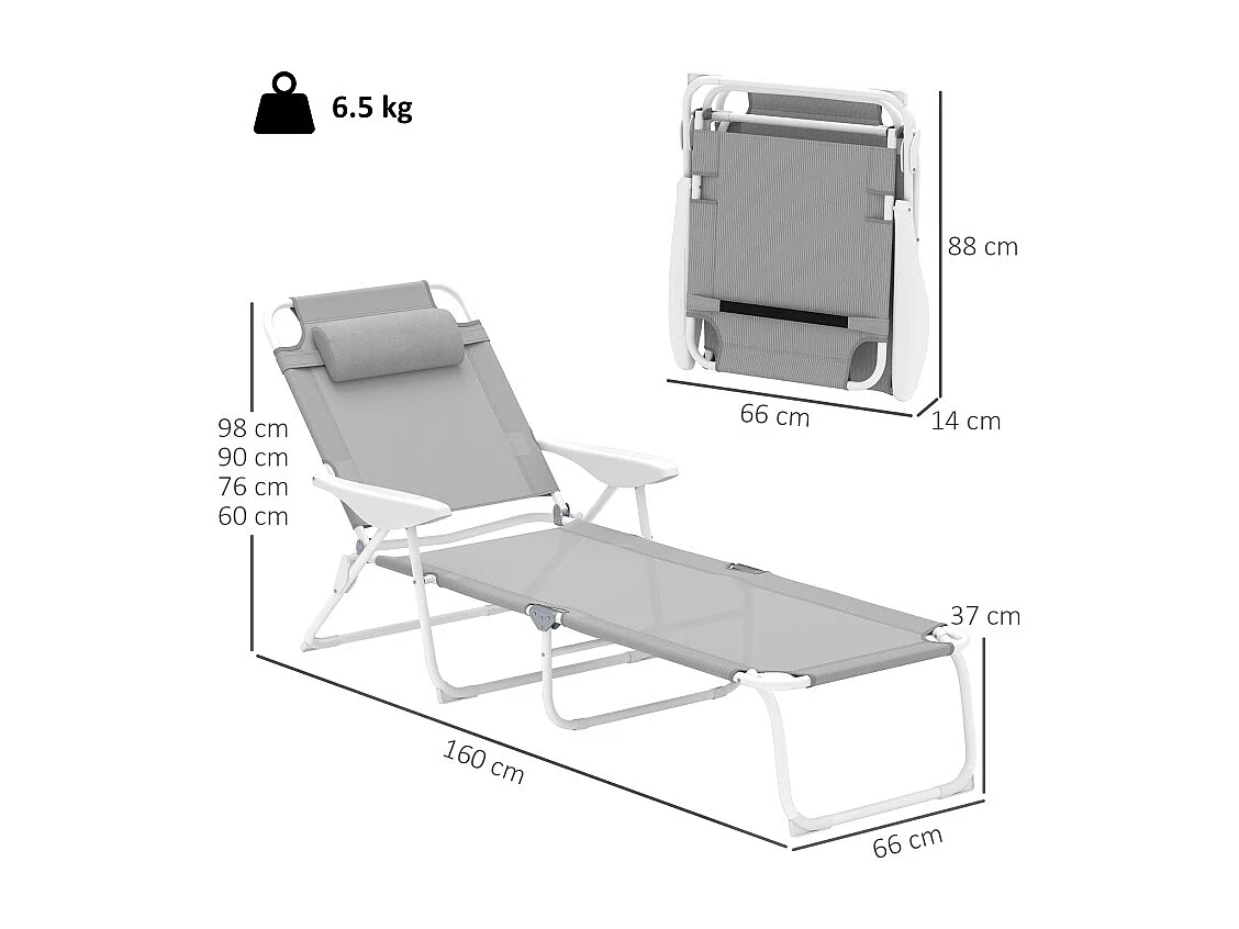 Chaise longue pliable avec coussin, 4 positions réglables, cadre métallique, tissu résistant aux intempéries, gris clair (160x66x98 cm)