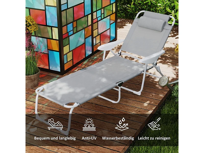 Chaise longue pliable avec coussin, 4 positions réglables, cadre métallique, tissu résistant aux intempéries, gris clair (160x66x98 cm)