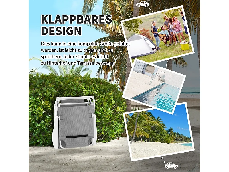 Chaise longue pliable avec coussin, 4 positions réglables, cadre métallique, tissu résistant aux intempéries, gris clair (160x66x98 cm)