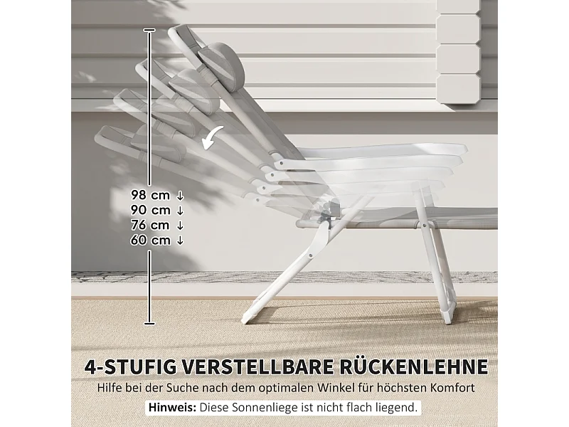 Chaise longue pliable avec coussin, 4 positions réglables, cadre métallique, tissu résistant aux intempéries, gris clair (160x66x98 cm)