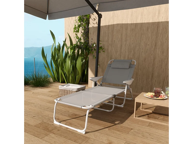 Chaise longue pliable avec coussin, 4 positions réglables, cadre métallique, tissu résistant aux intempéries, gris clair (160x66x98 cm)