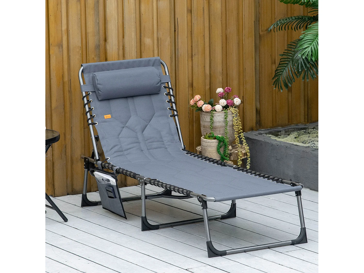 Opvouwbare ligstoel met 5-positie rugleuning, geïntegreerd kussen, duurzaam polyester, grijs (188x57x30cm)