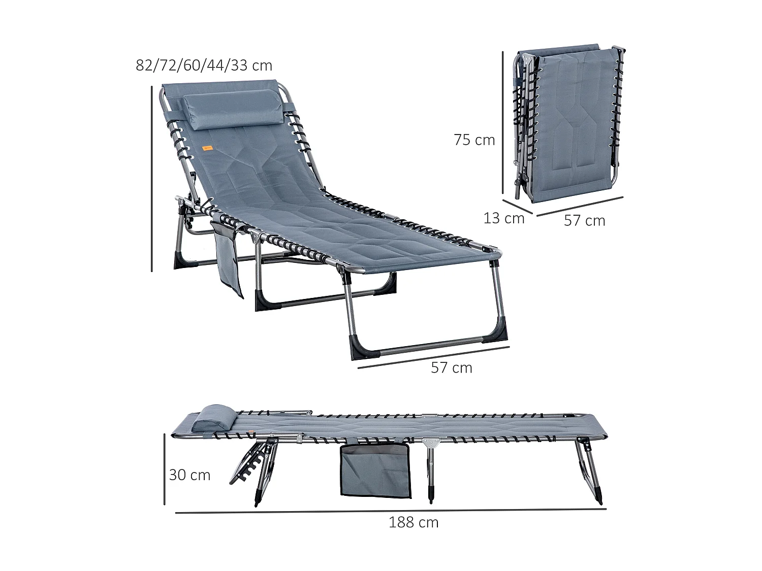 Opvouwbare ligstoel met 5-positie rugleuning, geïntegreerd kussen, duurzaam polyester, grijs (188x57x30cm)