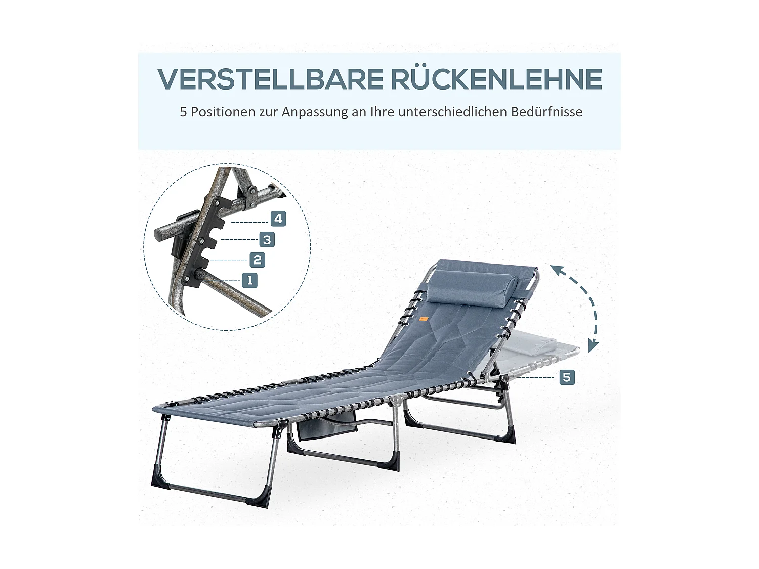 Opvouwbare ligstoel met 5-positie rugleuning, geïntegreerd kussen, duurzaam polyester, grijs (188x57x30cm)