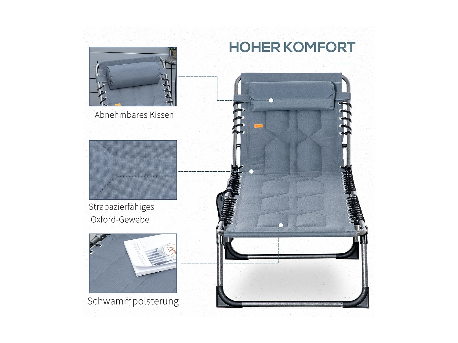 Opvouwbare ligstoel met 5-positie rugleuning, geïntegreerd kussen, duurzaam polyester, grijs (188x57x30cm)