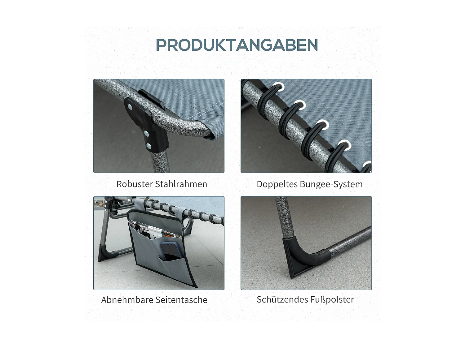 Opvouwbare ligstoel met 5-positie rugleuning, geïntegreerd kussen, duurzaam polyester, grijs (188x57x30cm)