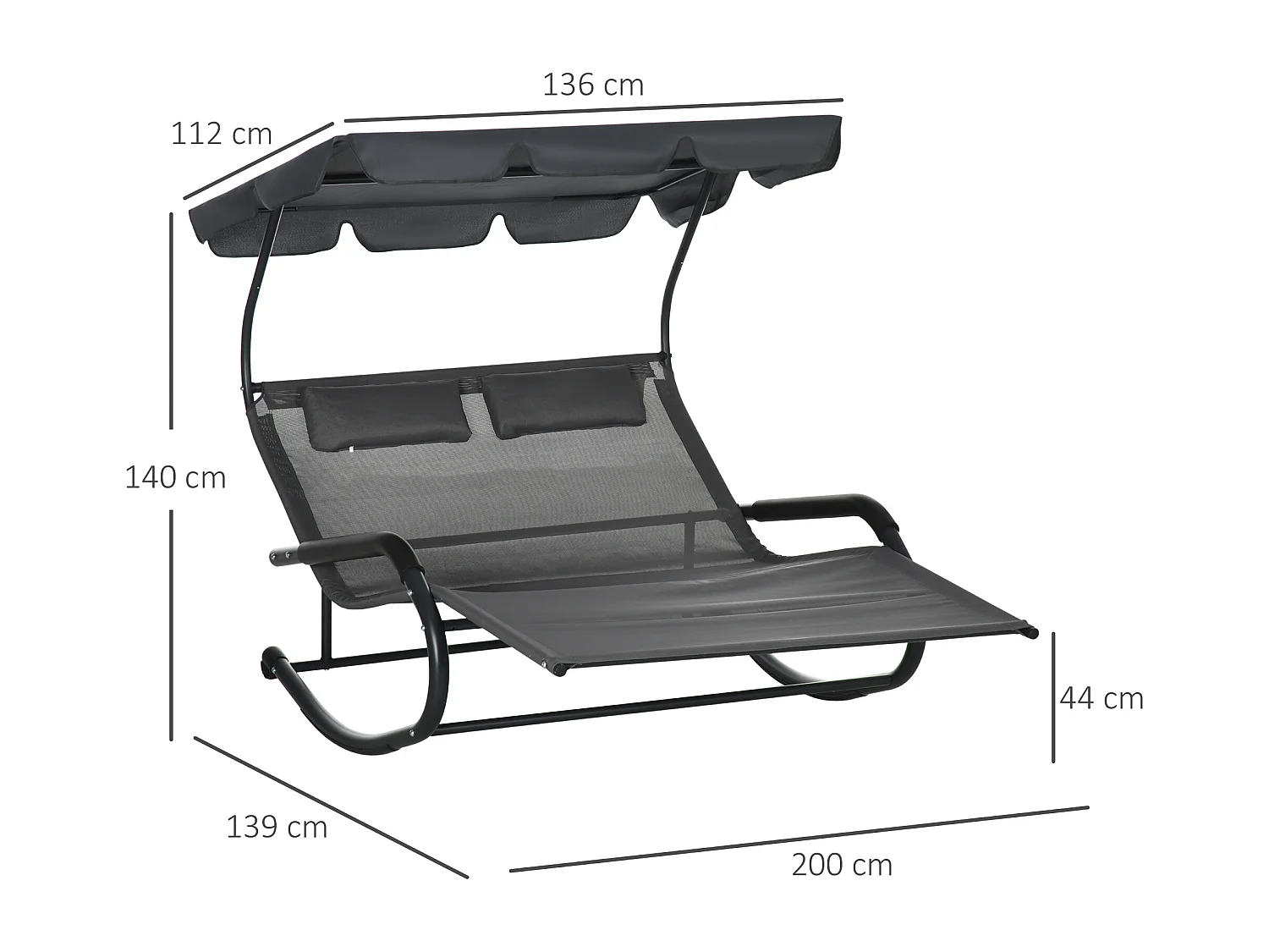 Chaise longue doppia con tetto, acciaio, grigio scuro (200x139x140 cm)
