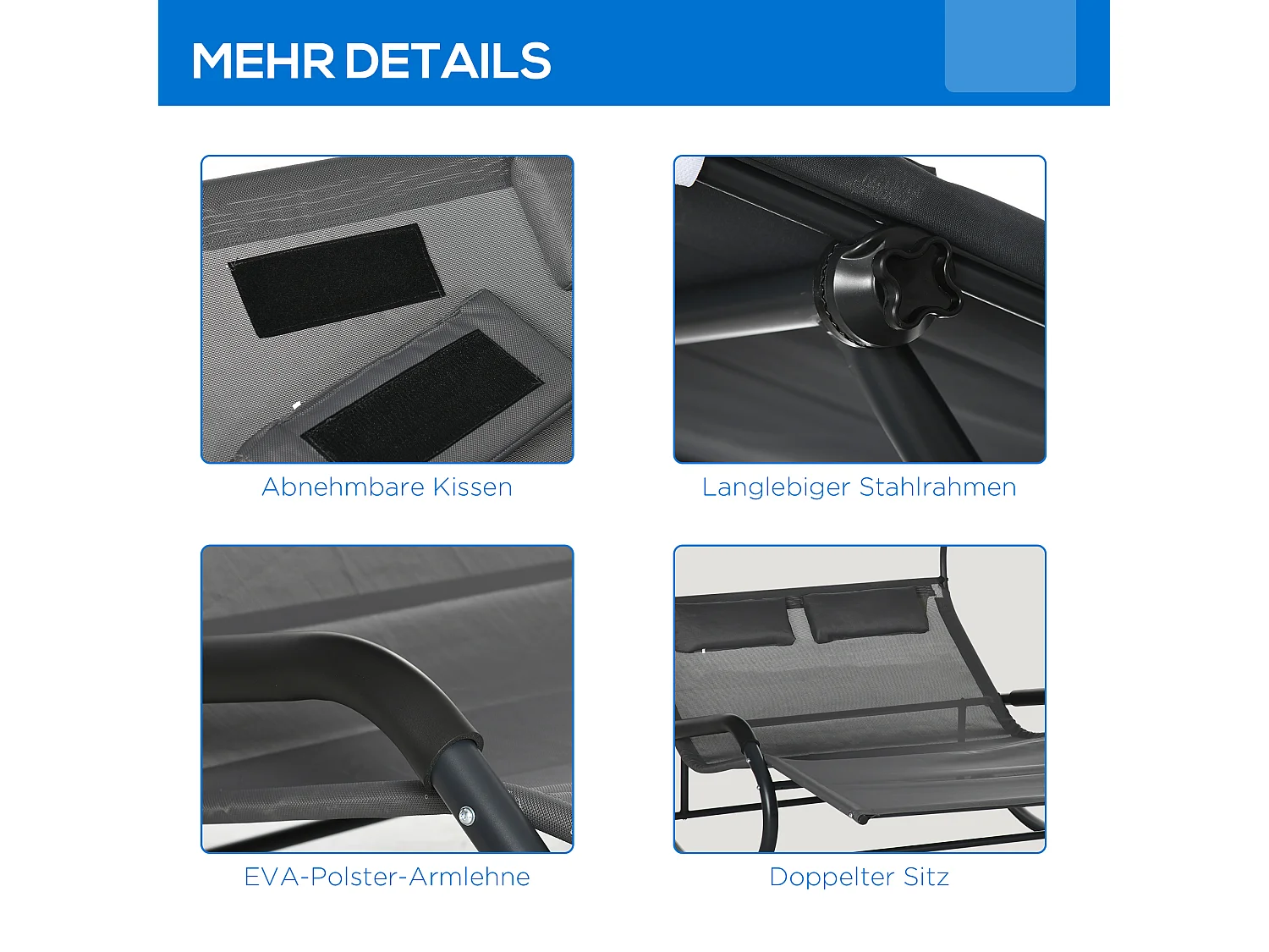 Chaise longue doppia con tetto, acciaio, grigio scuro (200x139x140 cm)