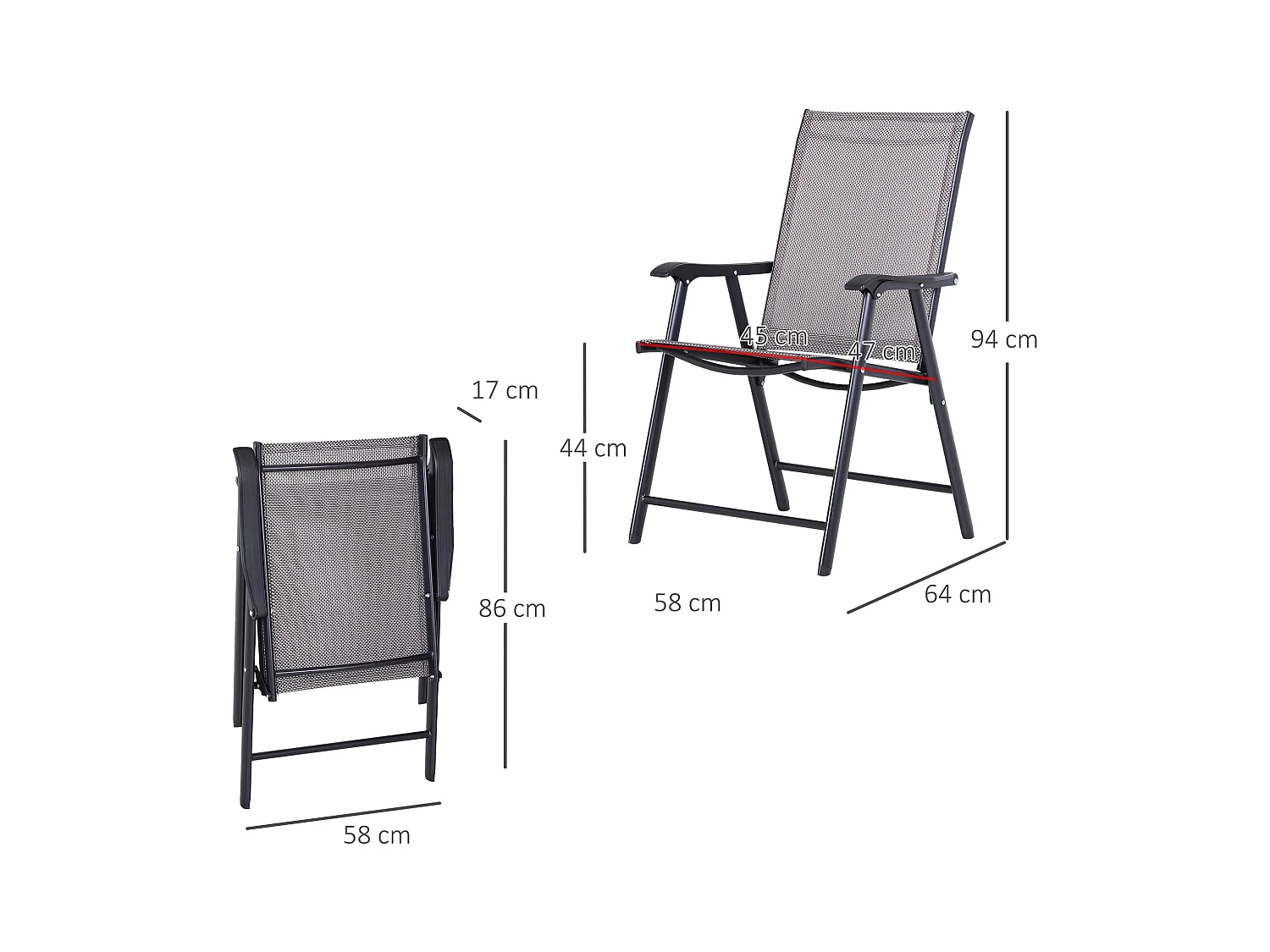 Set de 2 chaises de camping pliables avec accoudoirs, métal, gris (58x64x94 cm)