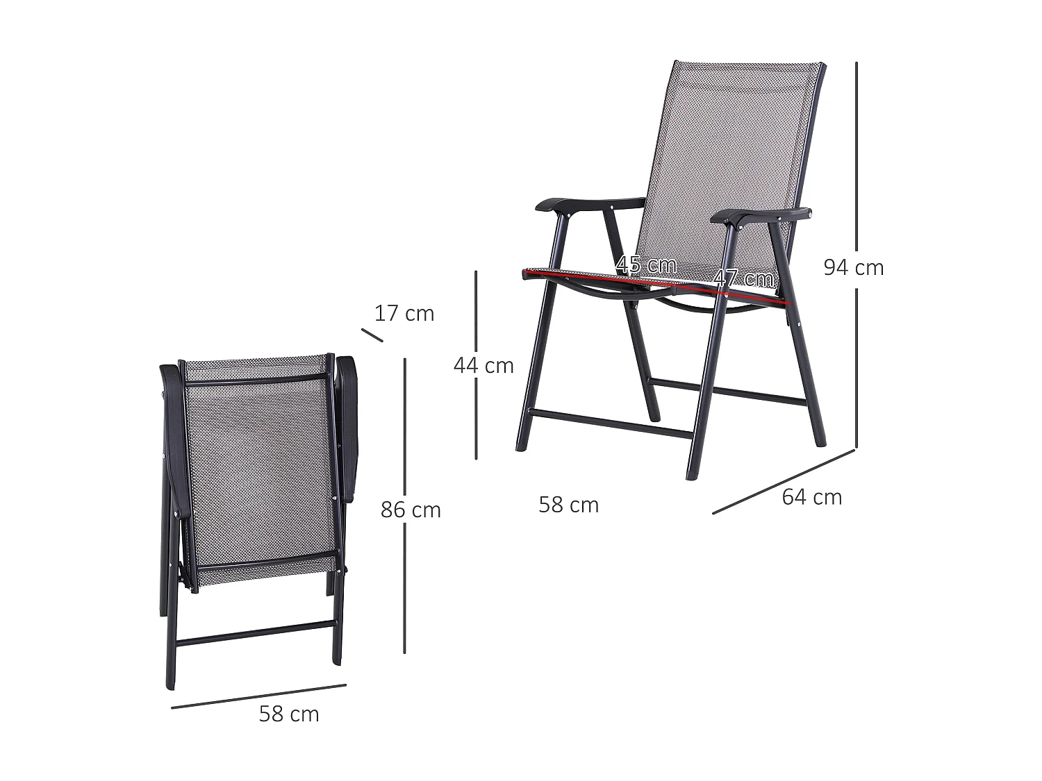 Set de 2 chaises de camping pliables avec accoudoirs, métal, gris (58x64x94 cm)