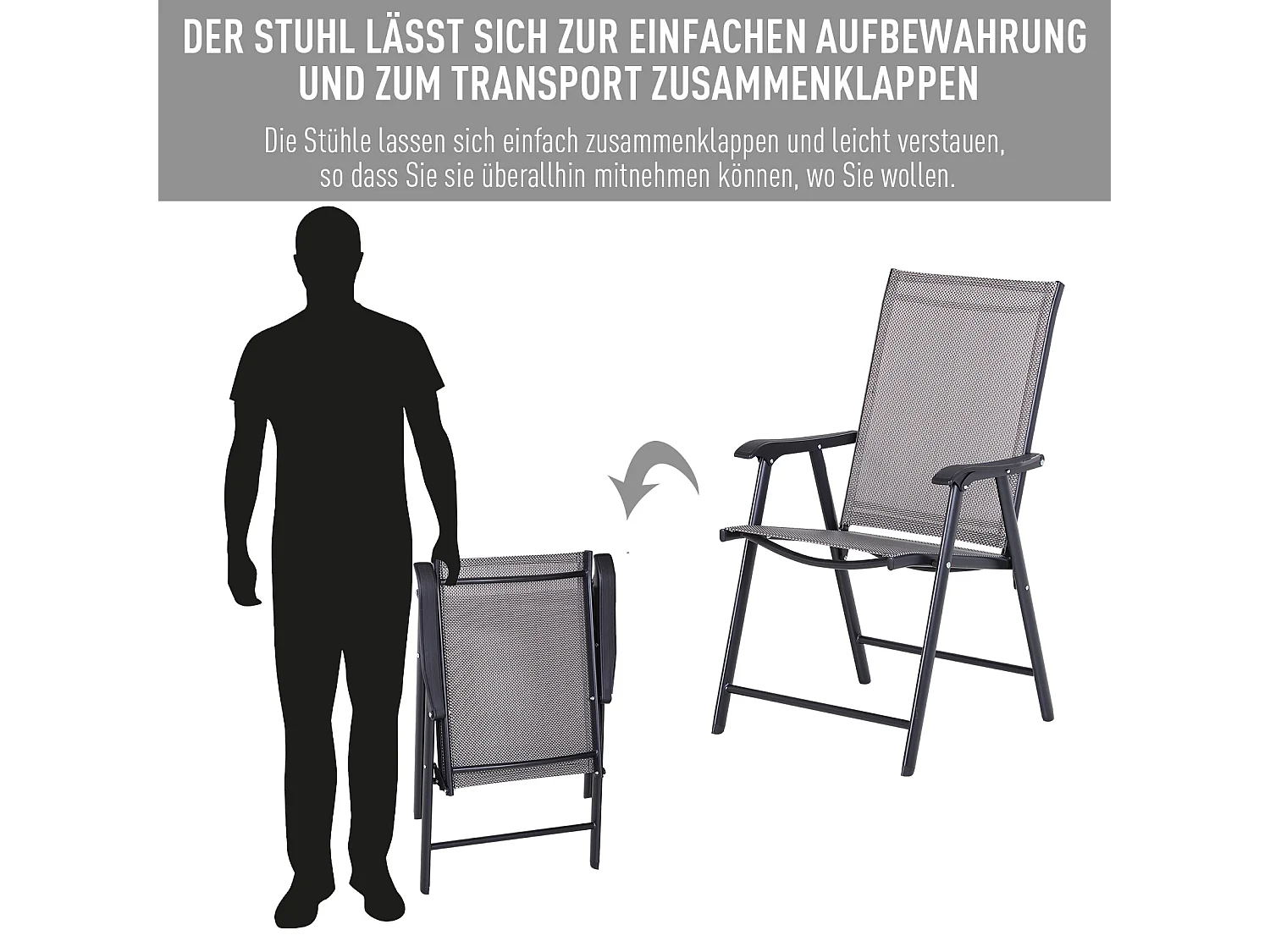 Set de 2 chaises de camping pliables avec accoudoirs, métal, gris (58x64x94 cm)