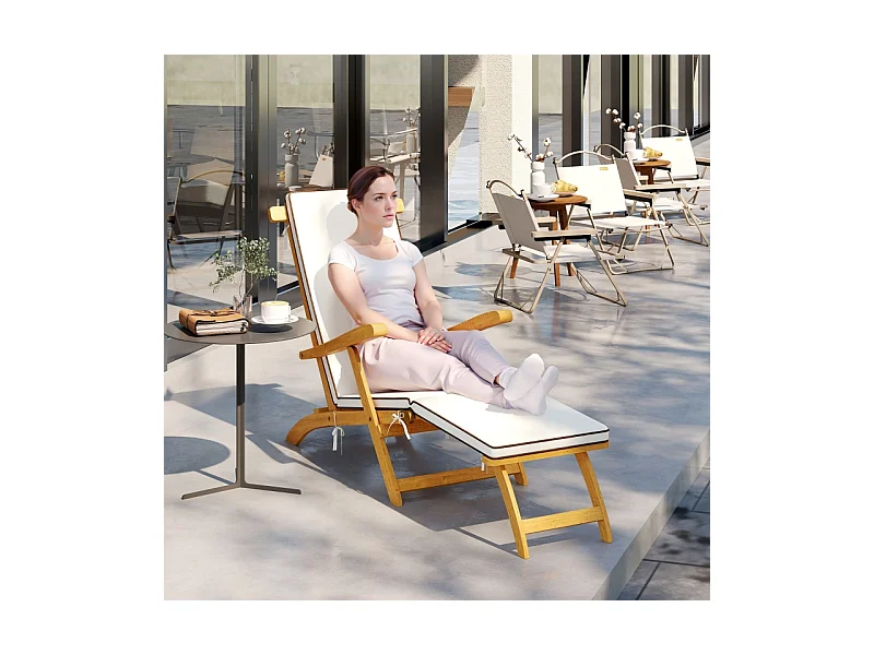 Chaise longue en bois pliable avec repose-pieds, matelas, ergonomique, résistant aux intempéries, teck (155x54x86 cm)