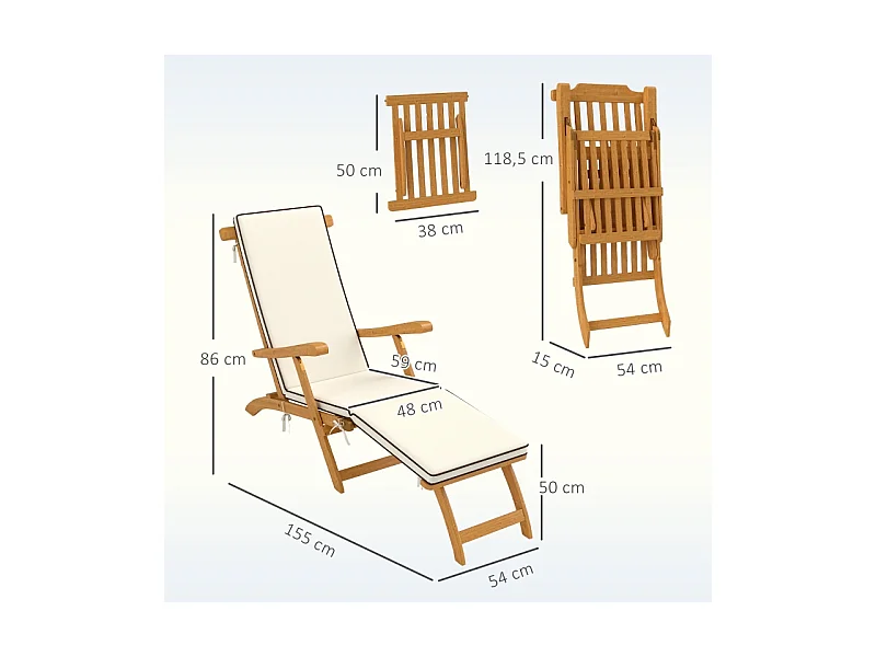 Chaise longue en bois pliable avec repose-pieds, matelas, ergonomique, résistant aux intempéries, teck (155x54x86 cm)