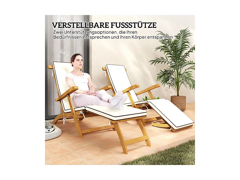 Chaise longue en bois pliable avec repose-pieds, matelas, ergonomique, résistant aux intempéries, teck (155x54x86 cm)