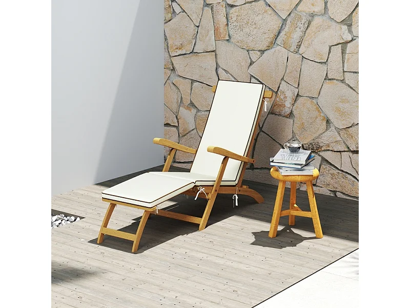 Chaise longue en bois pliable avec repose-pieds, matelas, ergonomique, résistant aux intempéries, teck (155x54x86 cm)