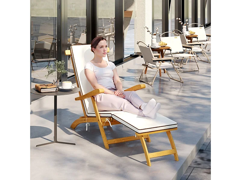 Chaise longue en bois pliable avec repose-pieds, matelas, ergonomique, résistant aux intempéries, teck (155x54x86 cm)