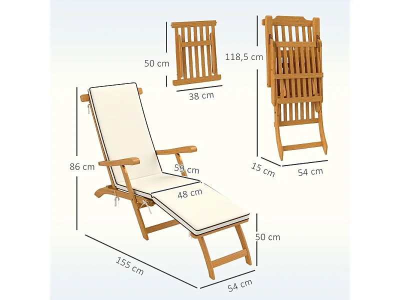 Chaise longue en bois pliable avec repose-pieds, matelas, ergonomique, résistant aux intempéries, teck (155x54x86 cm)