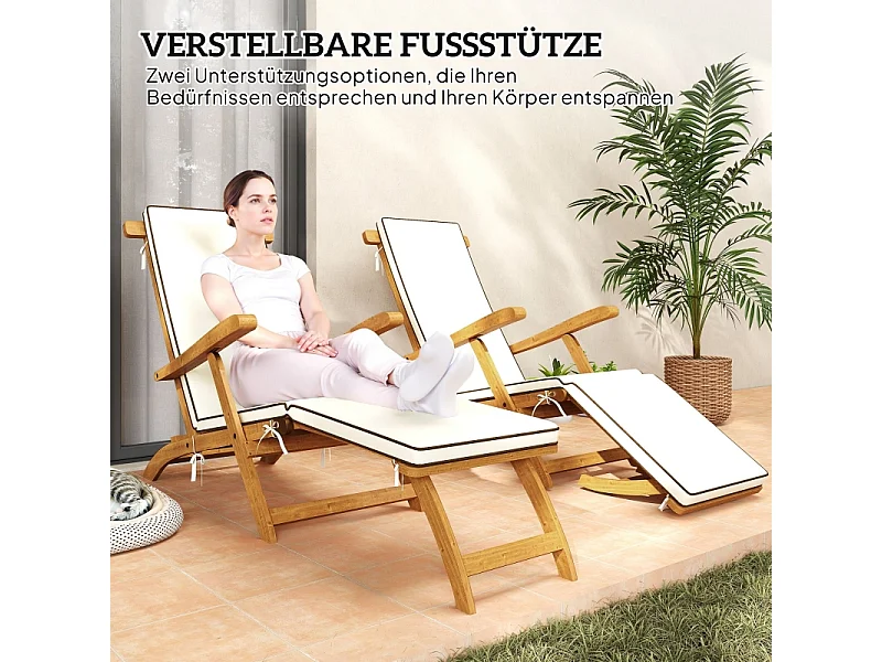 Chaise longue en bois pliable avec repose-pieds, matelas, ergonomique, résistant aux intempéries, teck (155x54x86 cm)