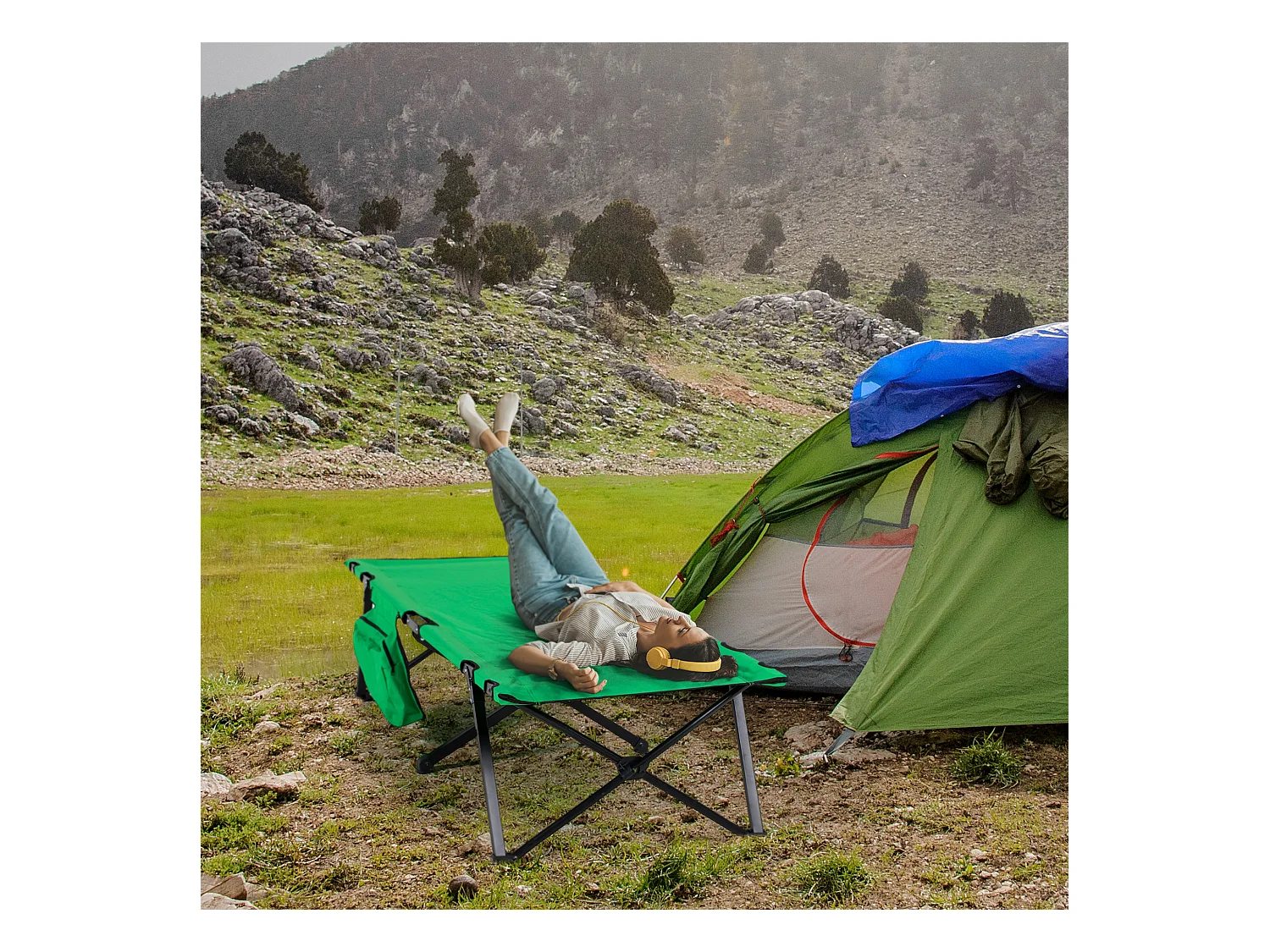 Lit de camping pliable, avec rangement, acier, vert et noir (190x65x40 cm)