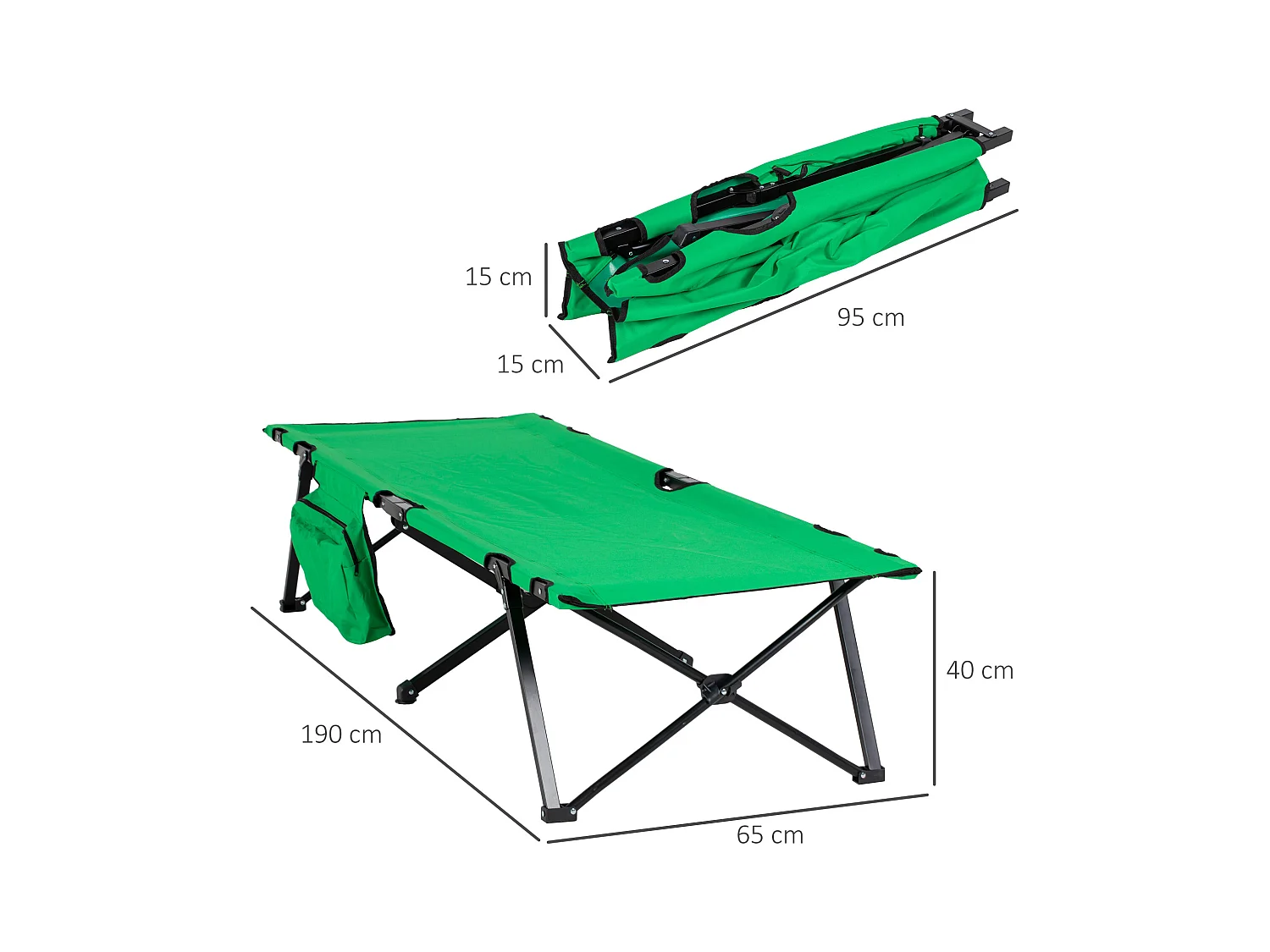 Lit de camping pliable, avec rangement, acier, vert et noir (190x65x40 cm)
