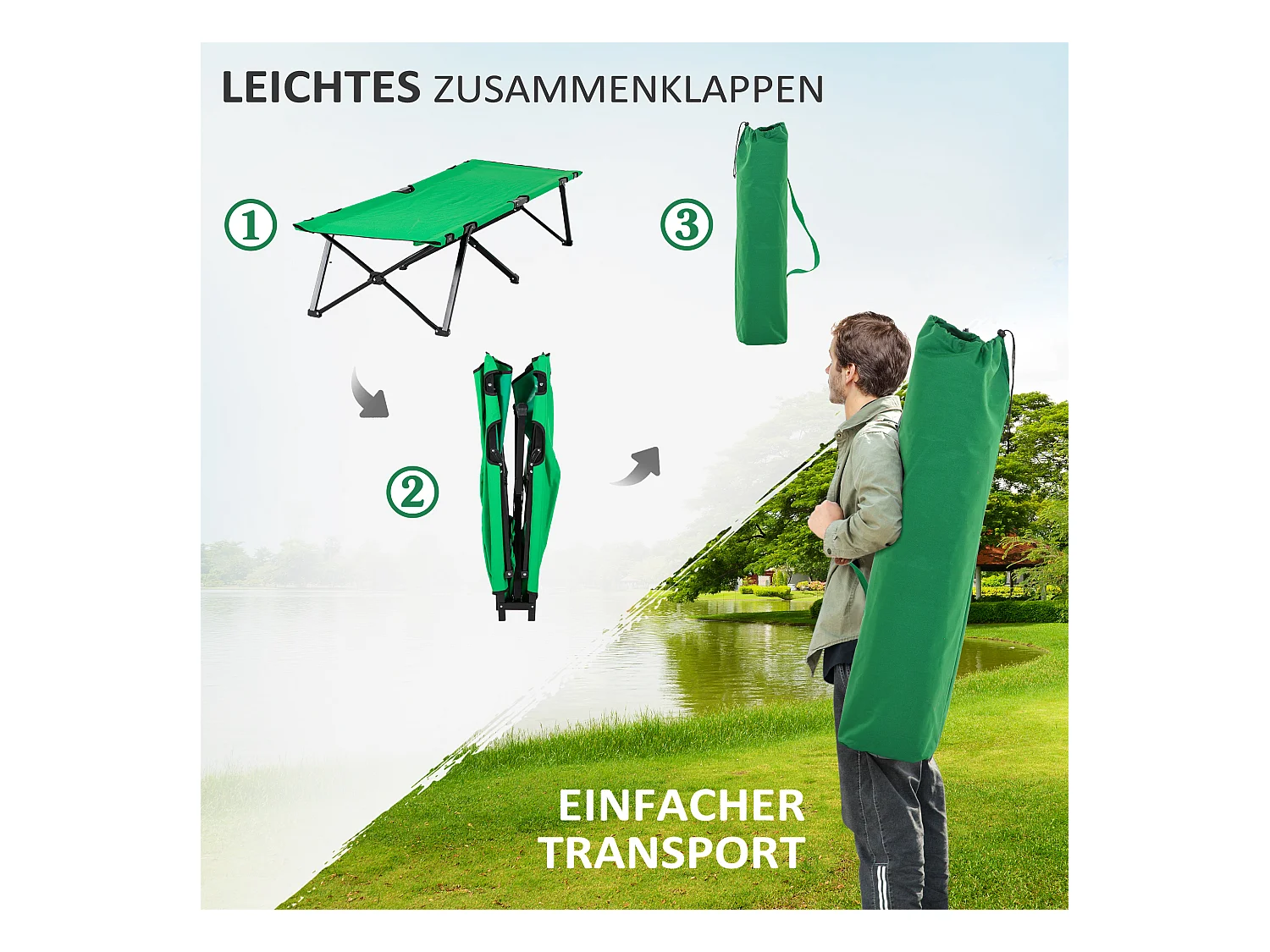 Lit de camping pliable, avec rangement, acier, vert et noir (190x65x40 cm)