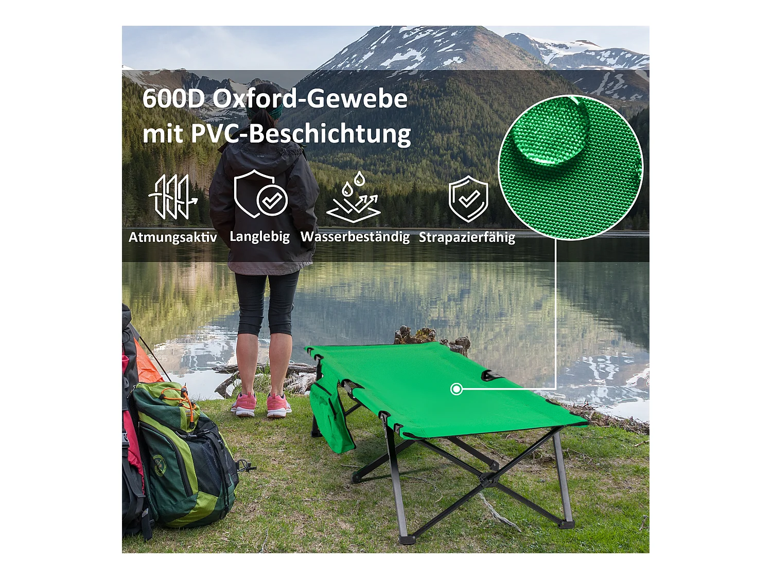 Lit de camping pliable, avec rangement, acier, vert et noir (190x65x40 cm)