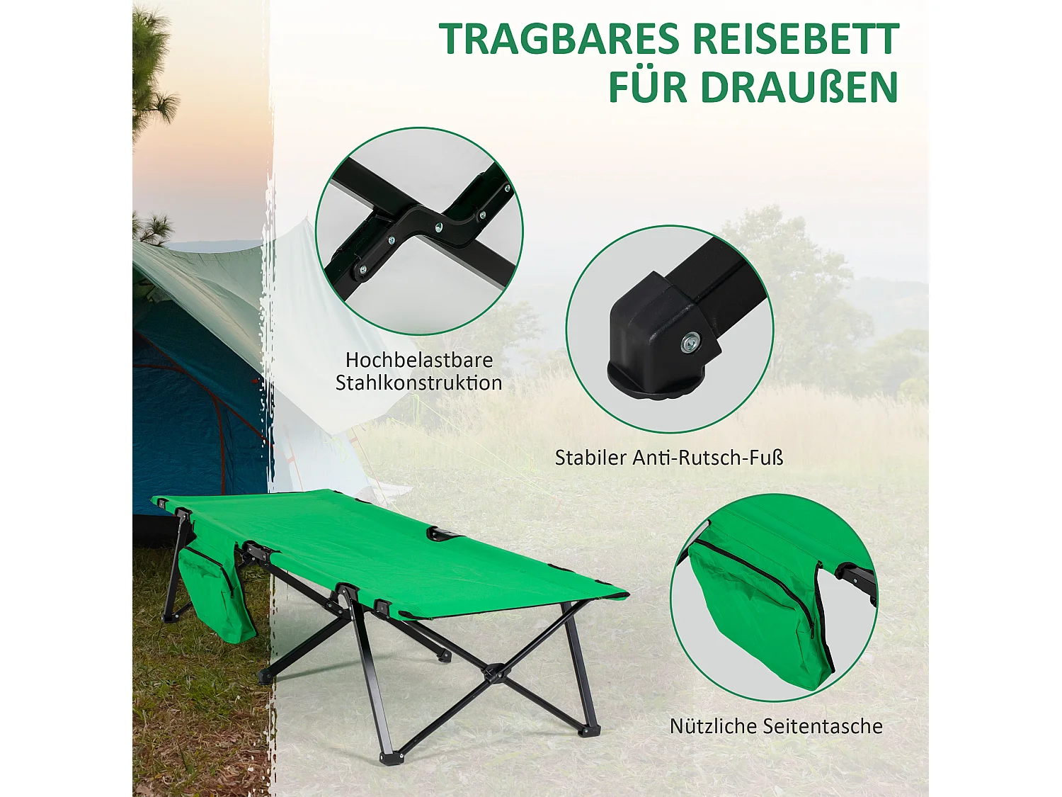 Lit de camping pliable, avec rangement, acier, vert et noir (190x65x40 cm)