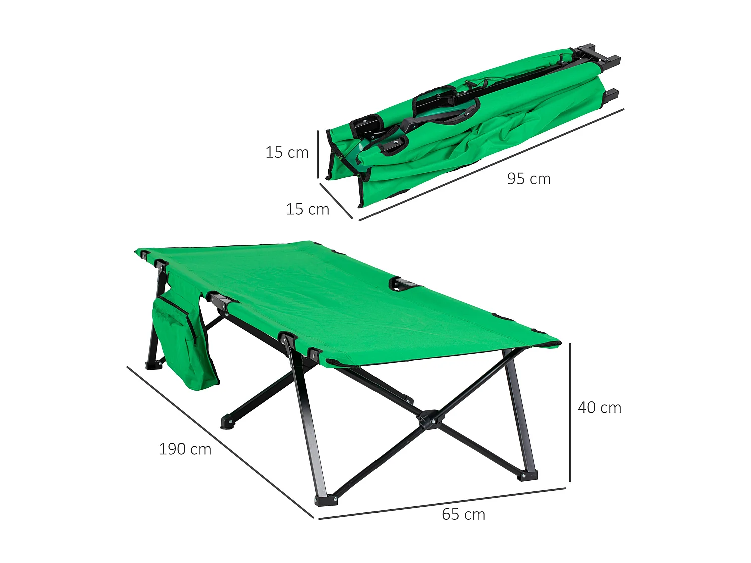 Lit de camping pliable, avec rangement, acier, vert et noir (190x65x40 cm)