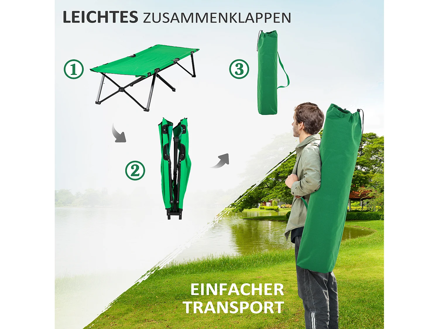 Lit de camping pliable, avec rangement, acier, vert et noir (190x65x40 cm)