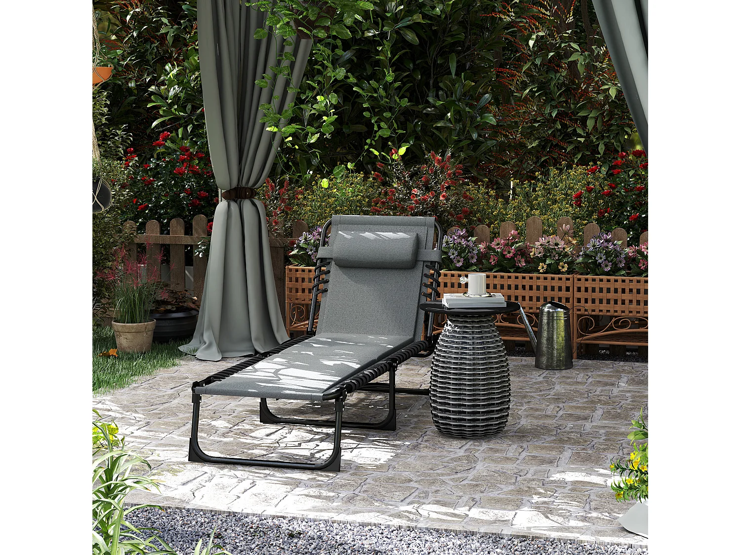 Chaise longue pliante, dossier réglable 5 positions, polyester résistant, gris foncé (189x68x36cm)