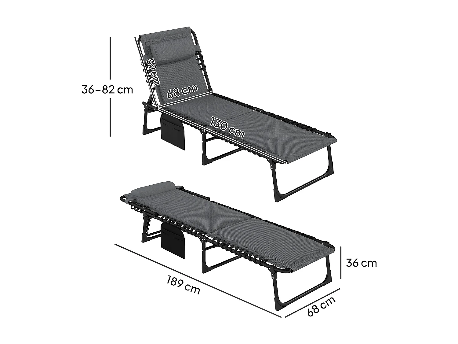 Chaise longue pliante, dossier réglable 5 positions, polyester résistant, gris foncé (189x68x36cm)