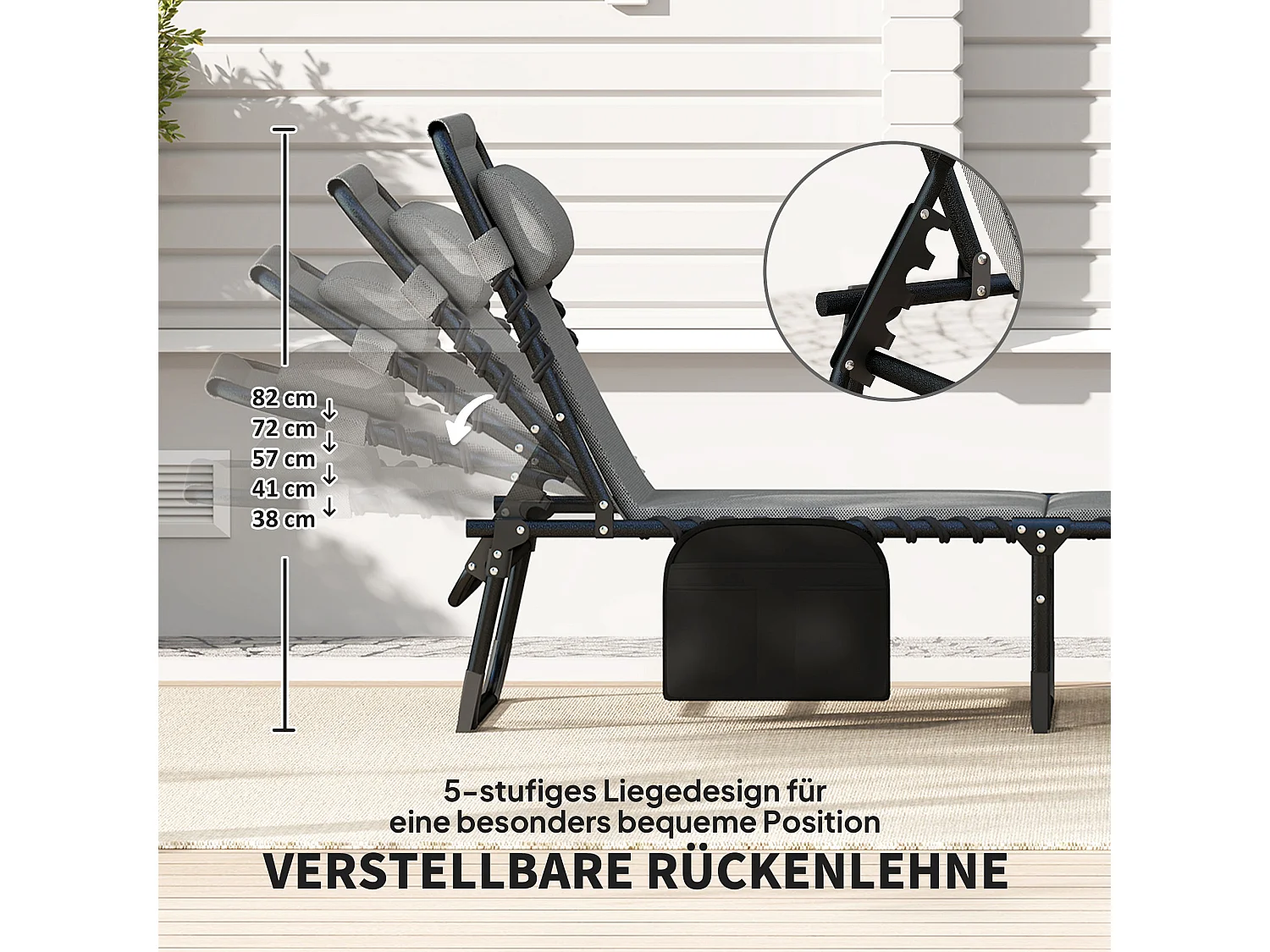 Chaise longue pliante, dossier réglable 5 positions, polyester résistant, gris foncé (189x68x36cm)