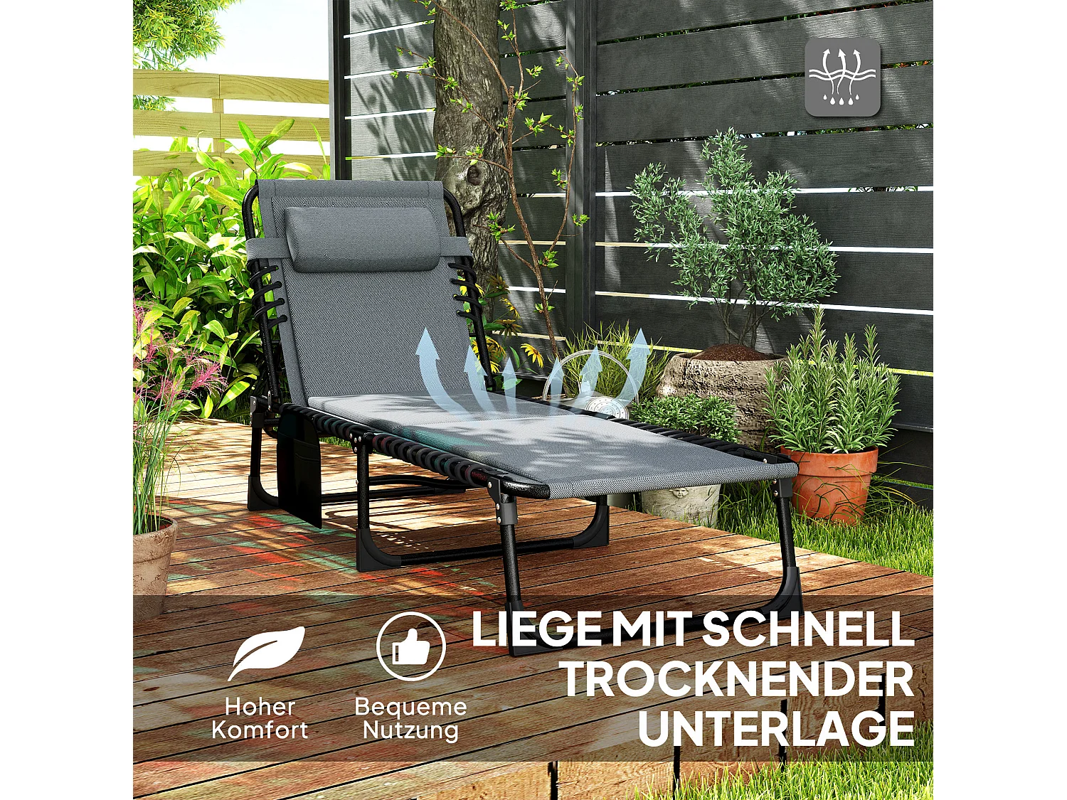 Chaise longue pliante, dossier réglable 5 positions, polyester résistant, gris foncé (189x68x36cm)