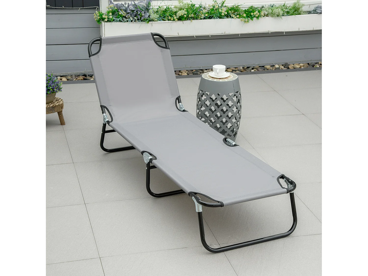 Sedia da giardino pieghevole con schienale regolabile, acciaio, grigio (188x56x28cm)