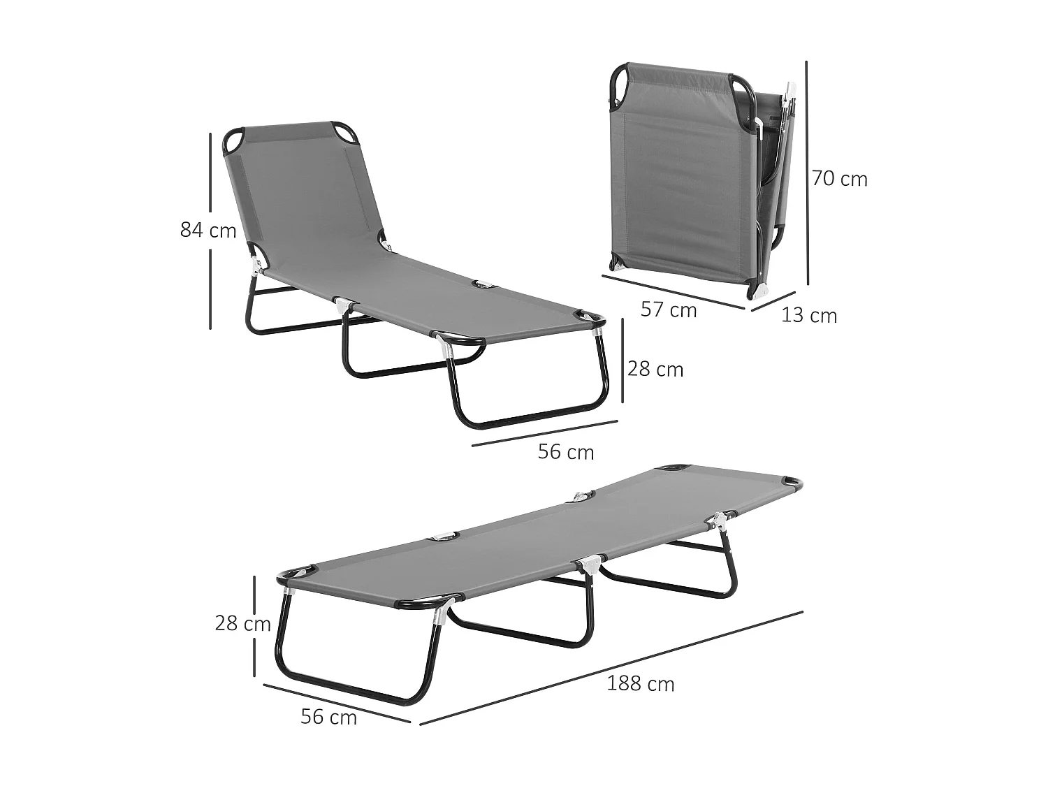 Sedia da giardino pieghevole con schienale regolabile, acciaio, grigio (188x56x28cm)