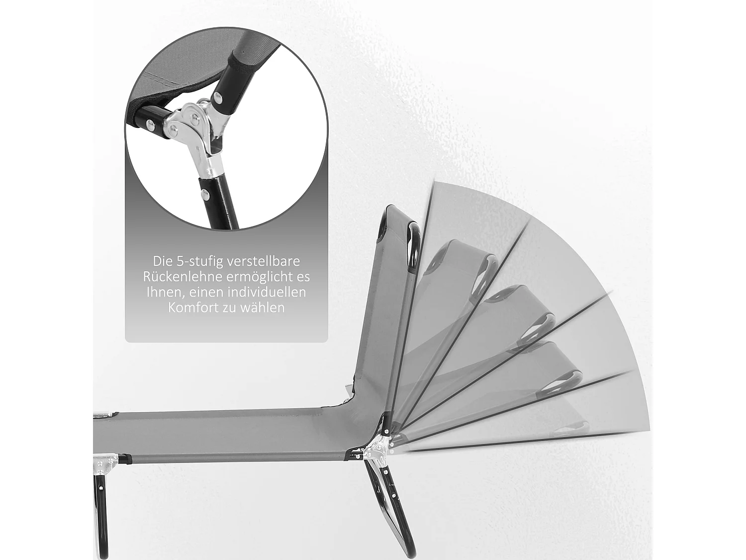 Sedia da giardino pieghevole con schienale regolabile, acciaio, grigio (188x56x28cm)