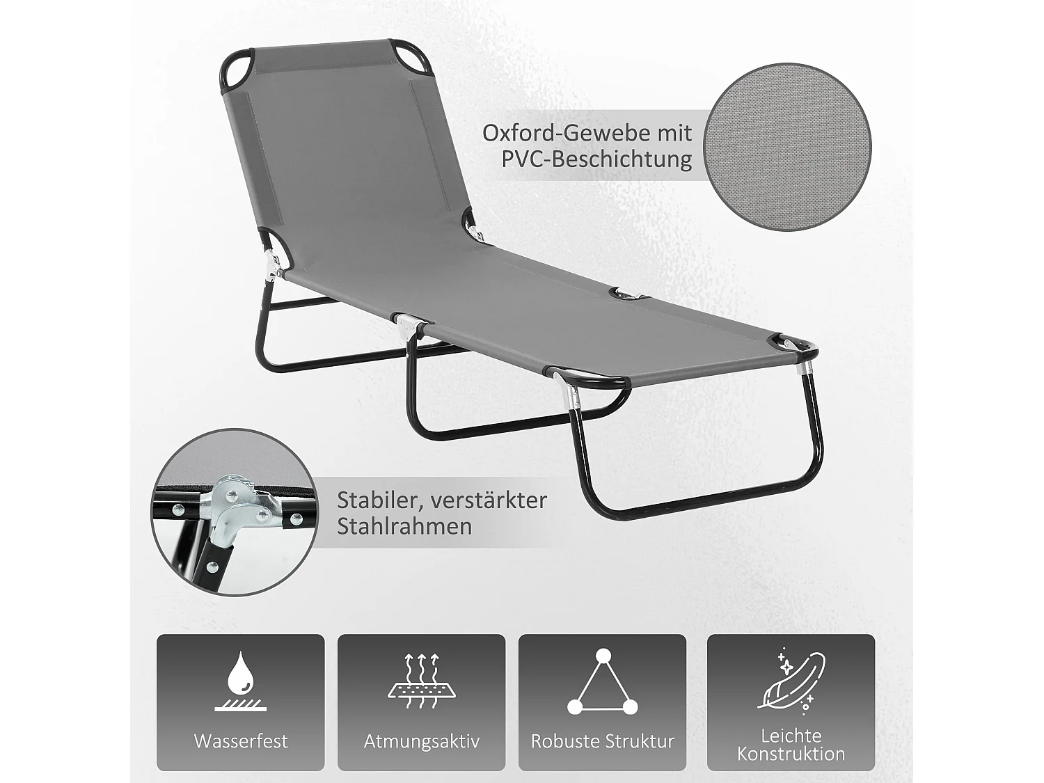 Sedia da giardino pieghevole con schienale regolabile, acciaio, grigio (188x56x28cm)