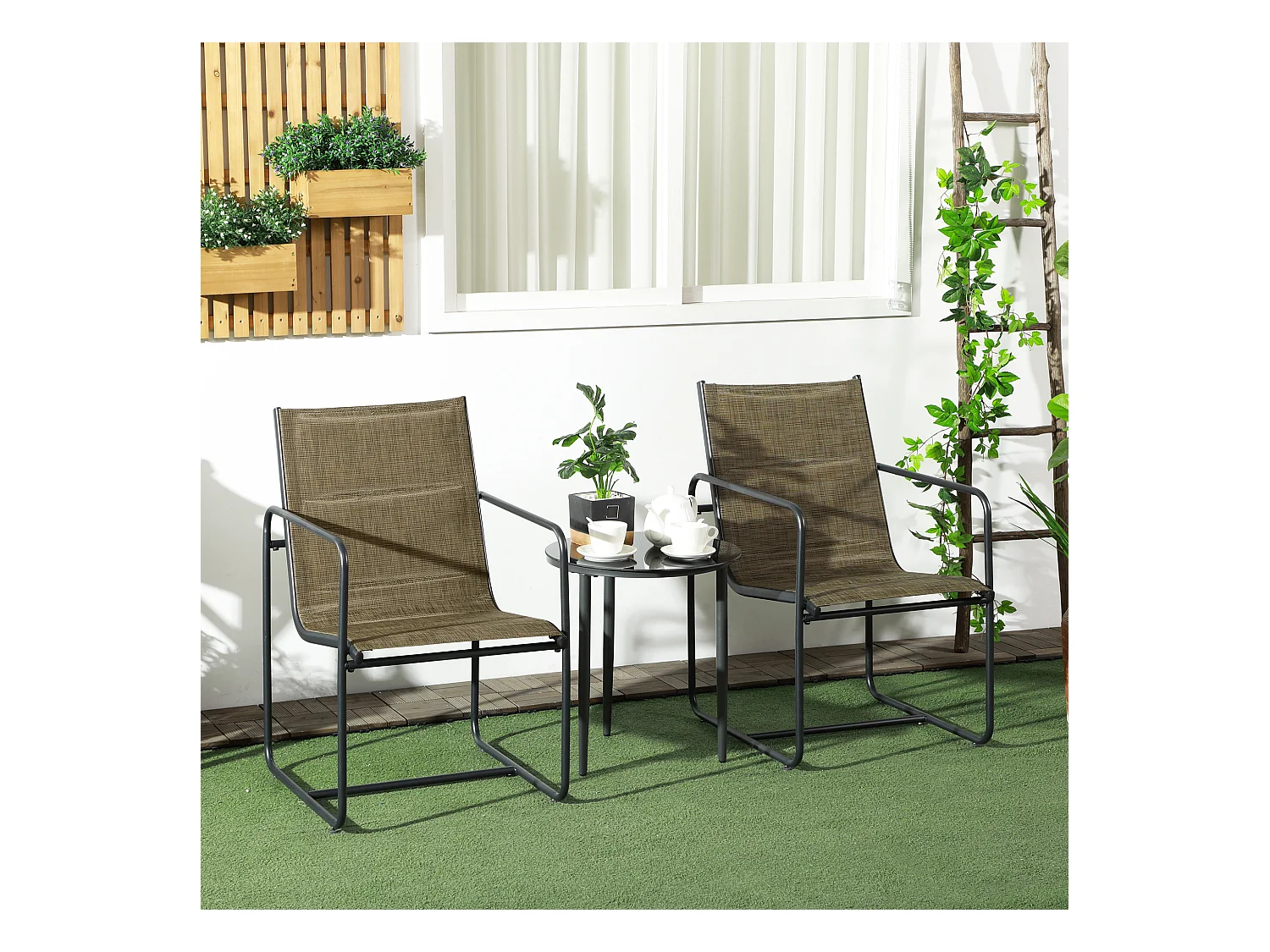 Ensemble de chaises de balcon avec accoudoirs, structure métallique, tissu respirant, couleur brune (54x66.5x88 cm)