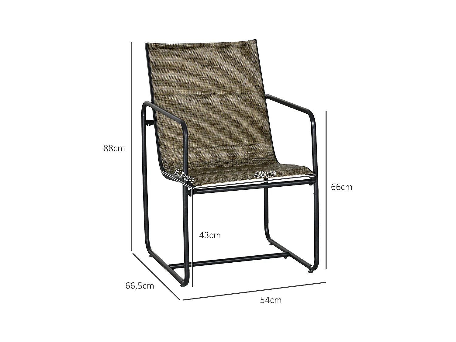 Ensemble de chaises de balcon avec accoudoirs, structure métallique, tissu respirant, couleur brune (54x66.5x88 cm)