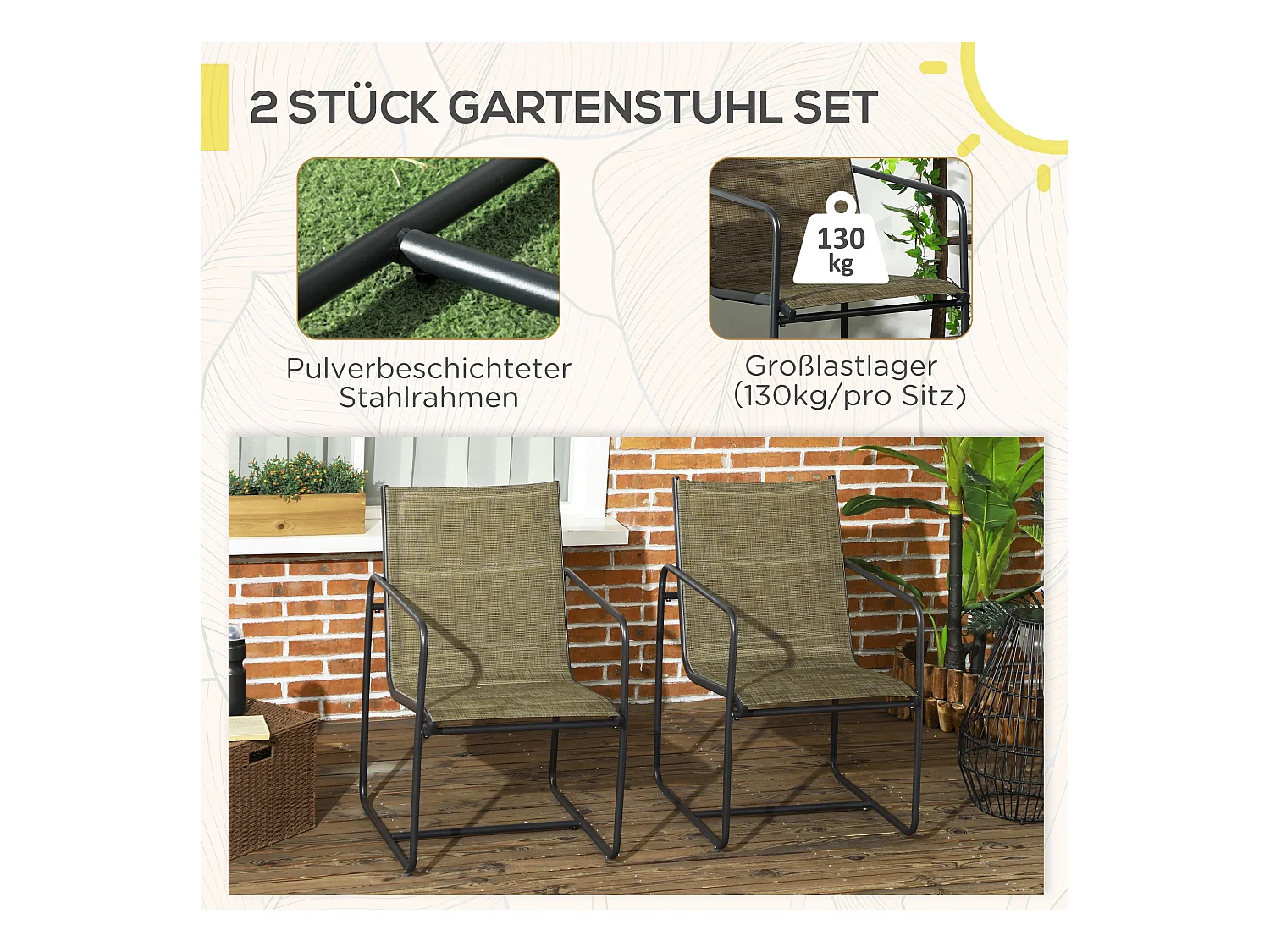 Ensemble de chaises de balcon avec accoudoirs, structure métallique, tissu respirant, couleur brune (54x66.5x88 cm)