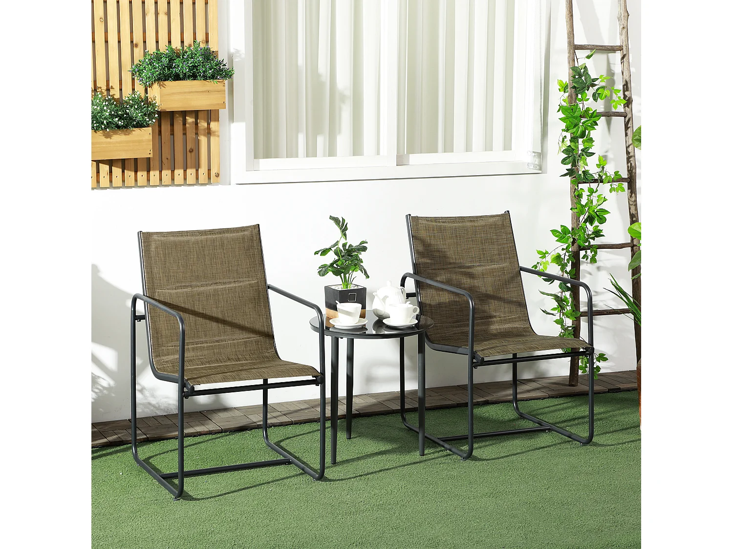 Conjunto de sillas de balcón con reposabrazos, estructura de metal, tejido transpirable, color marrón (54x66,5x88 cm)