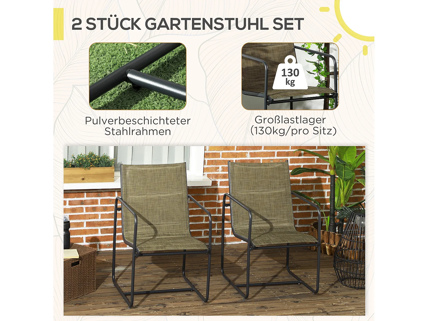 Conjunto de sillas de balcón con reposabrazos, estructura de metal, tejido transpirable, color marrón (54x66,5x88 cm)