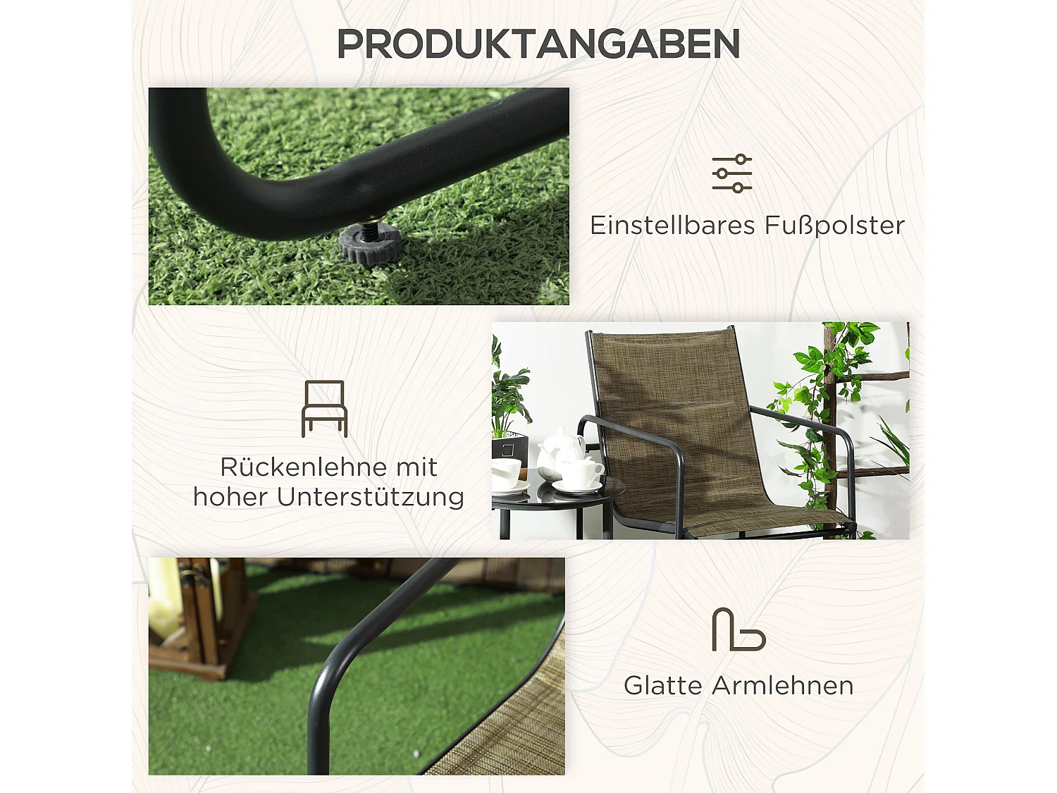 Conjunto de sillas de balcón con reposabrazos, estructura de metal, tejido transpirable, color marrón (54x66,5x88 cm)