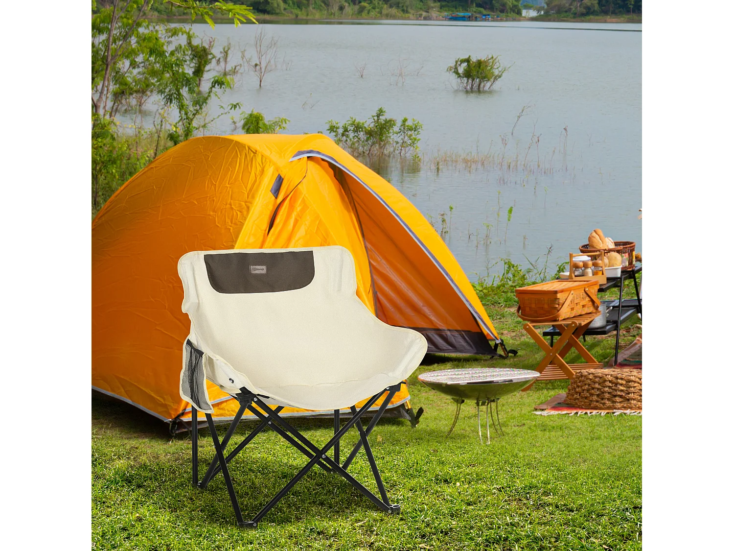 Chaise de camping pliable avec poche latérale, acier, polyester, blanc (61x54x66 cm)