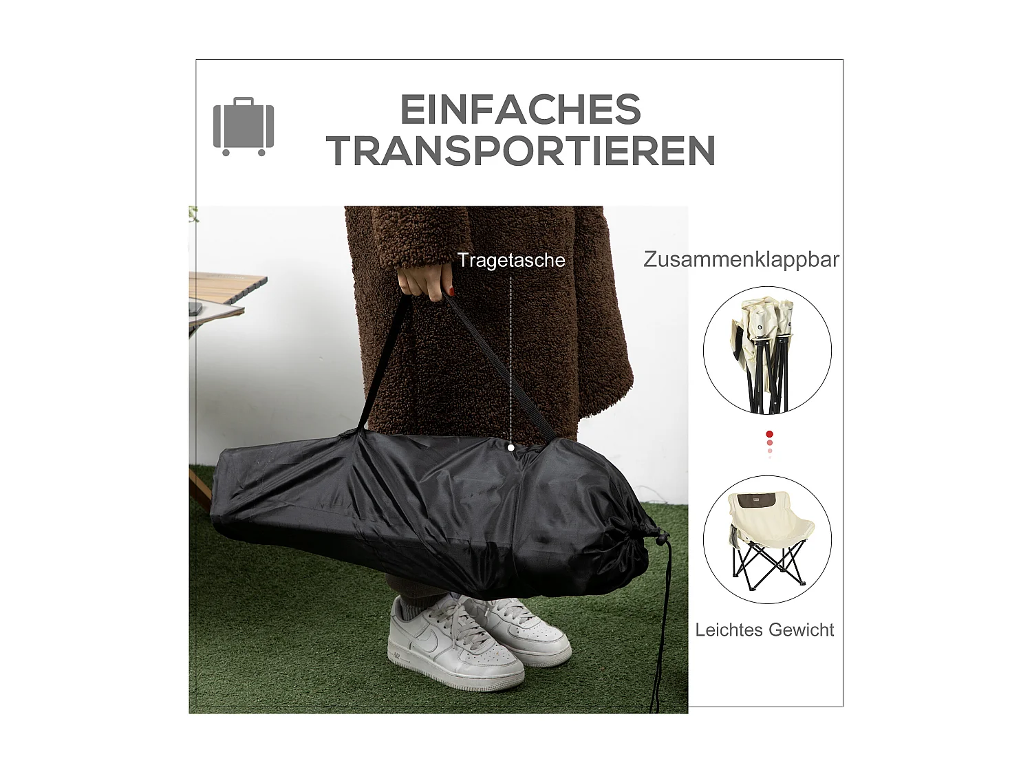 Chaise de camping pliable avec poche latérale, acier, polyester, blanc (61x54x66 cm)