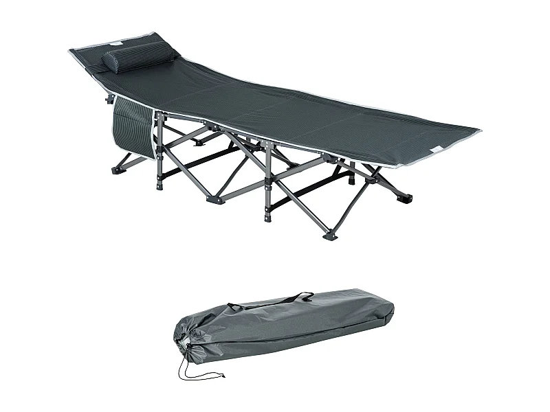 Chaise longue pliable, avec coussin et poche latérale, en métal et tissu Oxford, gris (188x64.5x53 cm)